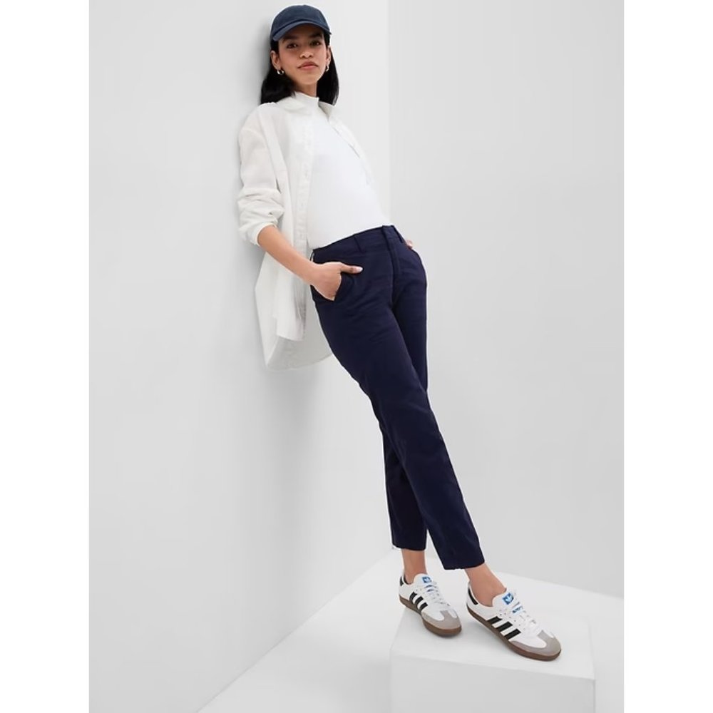 New Gap Slim Fit Downtown Khakis Pants 8P 8 Petite Navy A369